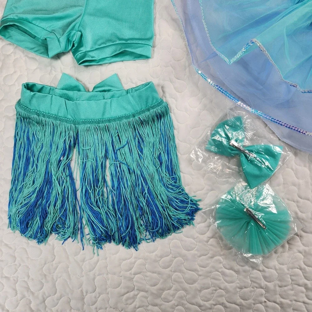 XSC Girls Weissman Dance Costume SET Teal Blue Fringe Tutu Leotard NEW $90